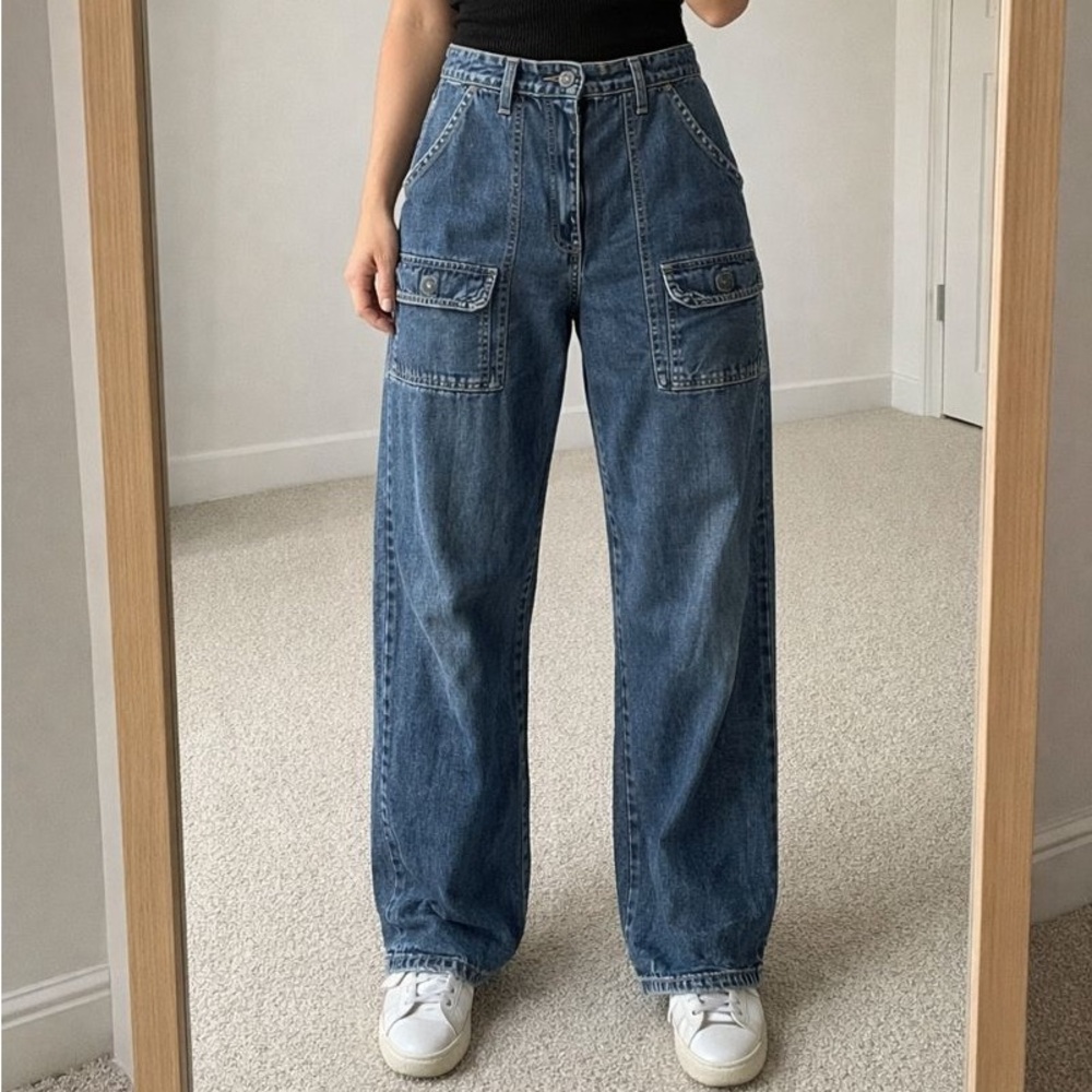 Vintage Jeans High Rise Cargo Denim 90s‎ Y2K Baggy Wide Leg Fit Women 9 Skater